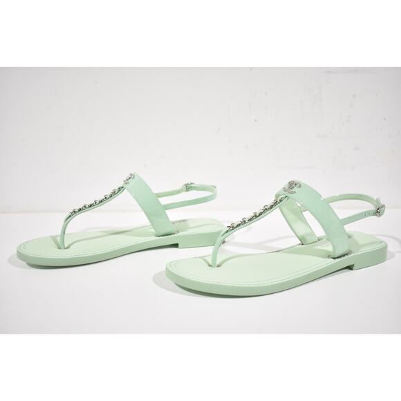Chanel 22C Green Patent Silver Chain CC Logo Mule Slide Flat Thong Sandal 37 - Picture 10 of 12